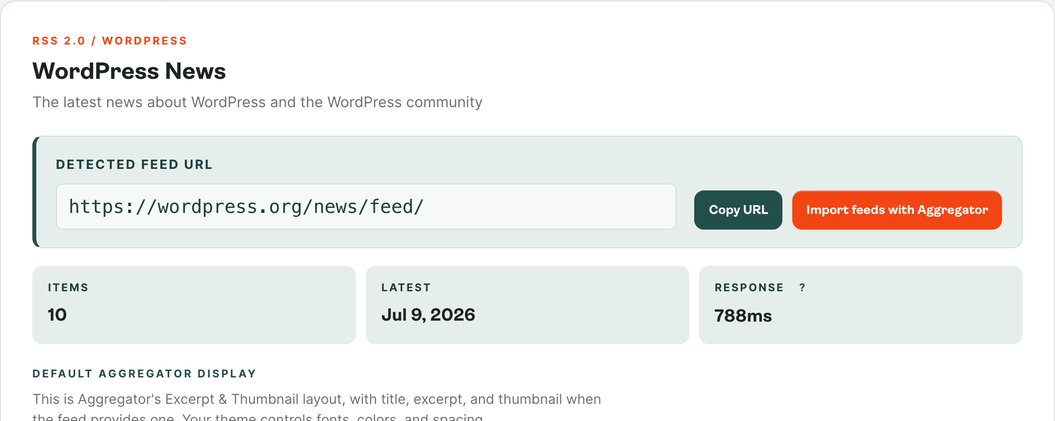 Feed Finder result card with the detected RSS feed URL highlighted and a Copy URL action