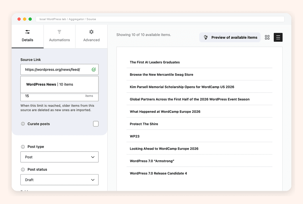 Aggregator feed source editor with the WordPress News feed URL validated and recent feed items listed