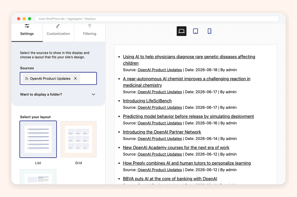 Aggregator Displays editor with a source selected, layout controls, and a live list preview