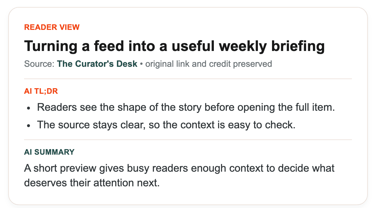 Published reader view showing a feed item with source attribution, an AI TL;DR, and an AI summary