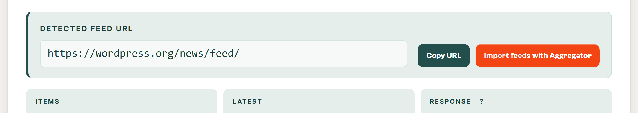 Feed Finder result card with the detected RSS feed URL highlighted and a Copy URL action