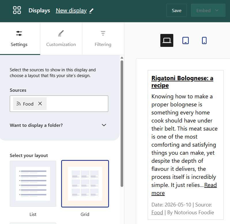 Aggregator Displays settings with the Food source selected and the Grid layout rendering recipe cards in the preview pane