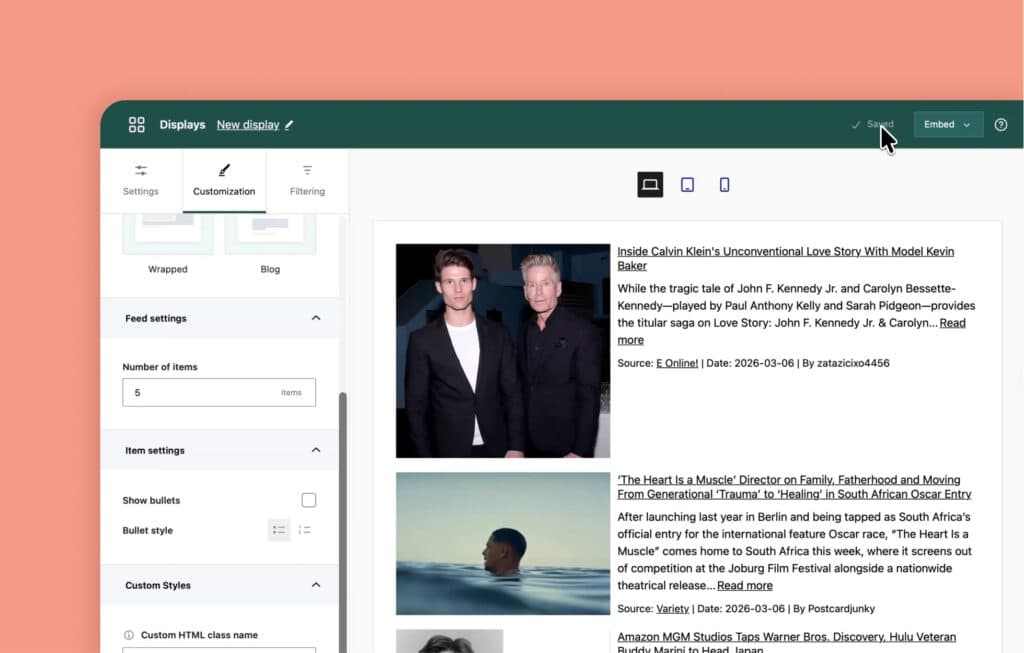 Aggregator Displays with the Customization tab open and a list layout preview rendering imported items with thumbnails, summaries, and source attribution