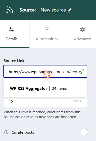 Aggregator Add New Source panel with a feed URL pasted into Source Link and the recognized feed dropdown beneath